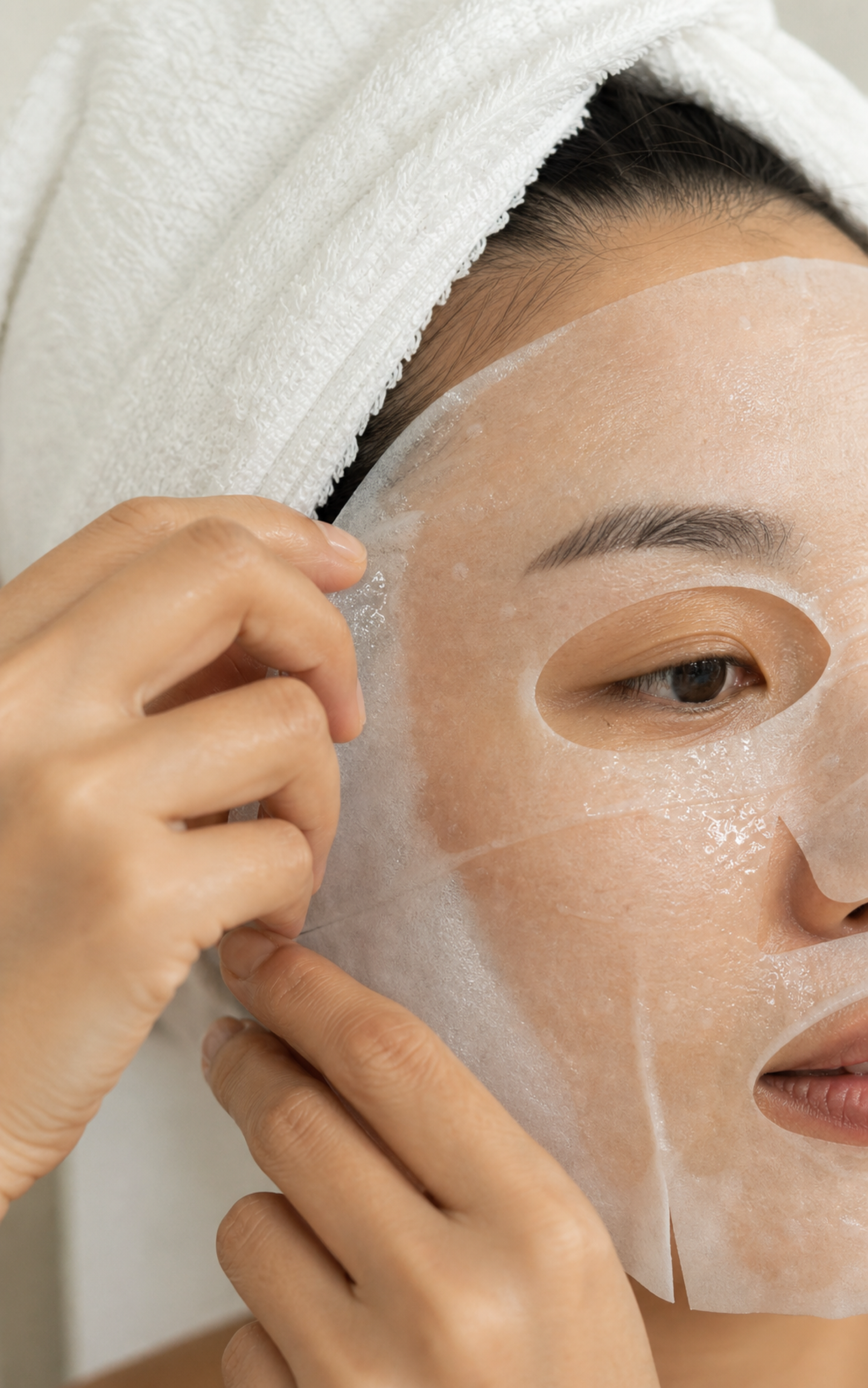 Close crop of a sheet mask being applied